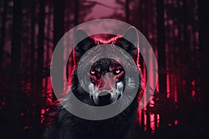 Mystical Red-Eyed Wolf in Dark Forest, AI Generated