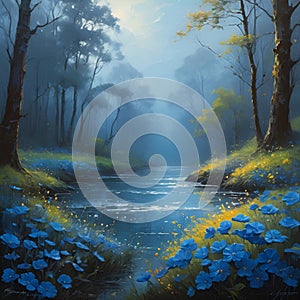 A mystical river at enchanted forest, foggy, sunlight, glimmering, translucent petals, dreamlike, digital painting art