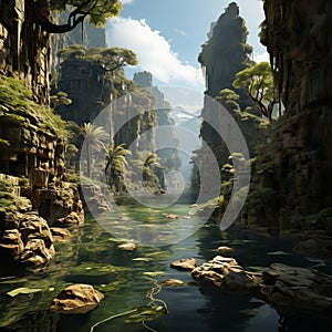 Mystical river flowing through a lush canyon with towering cliffs and exotic palm trees under a clear sky