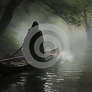 Mystical River Guide: Illustrated Hooded Ferryman Guiding Through Twilight