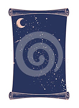 Mystical roll of paper with a cosmic star background with the moon, copy space parchment for the zodiac, tarot, fortune