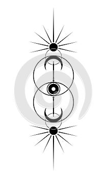 Mystical Sacred geometry, Vesica piscis, All Seeing eye, the third eye, magic sun and crescent moon pagan Wiccan goddess