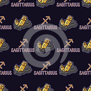 Mystical Sagittraius star sign with topaz birth stone crystal seamless vector pattern. Hand drawn geology background. Trendy