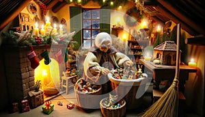 Mystical scene of Christmas holiday traditions with a good witch.