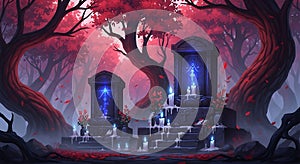 A mystical scene features two elaborately carved tombstones in a dim forest. Red photo