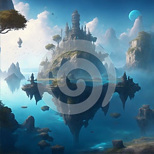 mystical scenery of floating islands, ancient ruins and magical artefacts illustration