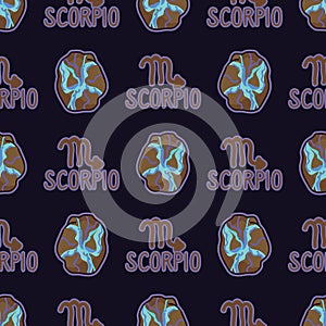 Mystical Scorpio star sign with opal birth stone crystal seamless vector pattern. Hand drawn geology background. Trendy magical