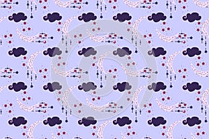 Mystical seamless pattern with clouds and moon.Magic astrology and the starry sky. Vector illustration for children's