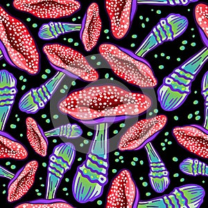 Mystical seamless vector pattern of psilocybin mushrooms - fly agaric. Beautiful wallpaper of hallucinogenic mushrooms. Stylish