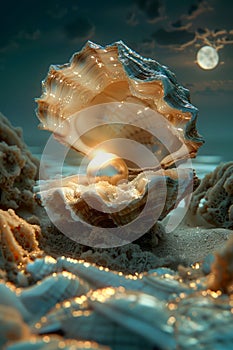 Mystical Seashell on Beach at Twilight with Moonlight Reflection, Fantasy Coastal Scene, Marine Background for Tranquil Dreams