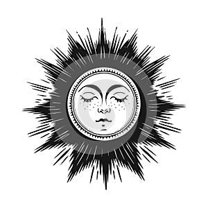 Mystical shining sun with face and rays, heavenly astrology logo, boho icon for zodiac, tarot. Magic vector outline hand