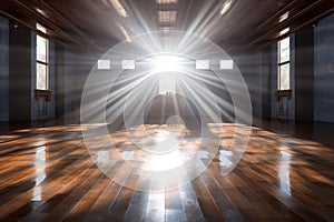 Mystical showcase room or studio with volumetric light rays