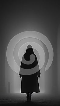 A mystical silhouette of a woman in a hooded cloak in an arch. A horror woman. Black and white image. Generated AI.