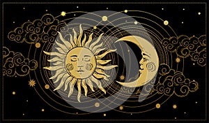Mystical sky boho banner, golden sun and moon with a face on a black background. Magic print for astrology, tarot, witch