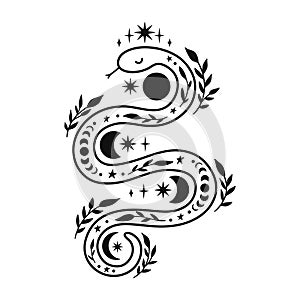Mystical snake with moon phases and floral elements.