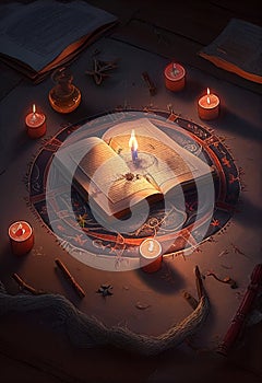 Mystical spell book in a witching circle near burning candles. AI Generated