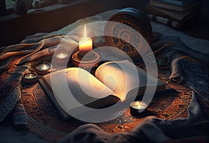 Mystical spell book in a witching circle near burning candles. AI Generated