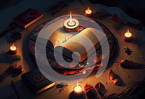 Mystical spell book in a witching circle near burning candles. AI Generated