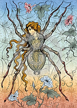Mystical spider-woman in a web among flowers, watercolor illustration
