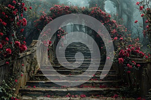 Mystical stairway with rose-covered archway