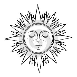 Mystical sun with face and rays, celestial astrology logo, boho tattoo for zodiac, tarot. Magic hand drawn vector