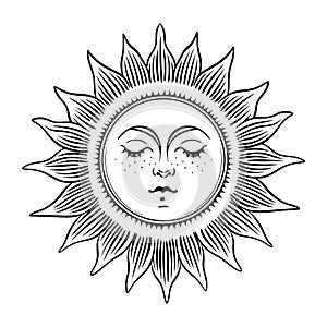 Mystical sun with face and wavy rays, celestial astrology logo, boho tattoo for zodiac, tarot. Magic hand drawn vector