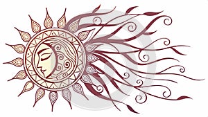 Mystical sun with human face and flowing hair,like rays vector design Generative AI photo
