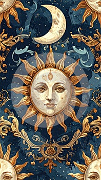 Mystical Sun and Moon Celestial Pattern