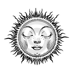 Mystical sun or moon with closed eyes, celestial astrology logo, Boho zodiac icon, Tarot. Magic vector outline hand photo