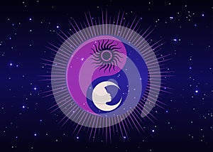Mystical sun and moon sacred logo design, day and night. Zen symbol. Ying yang sign of harmony and balance. Colorful Vector