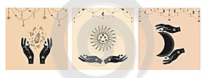 Mystical Sun with Moon, woman hands, eyes and stars in line art. Hand drawn cards of spiritual symbol celestial space. Magic