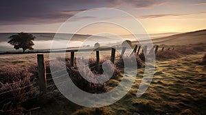 Mystical Sunrise Over British Landscape With Stone Fence