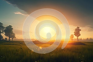 Mystical sunrise over fields with futuristic ring