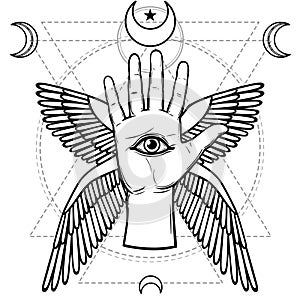 Mystical symbol: human hand, Eye of Providence, sacred geometry.