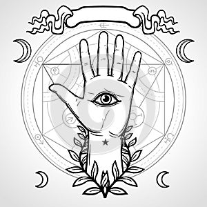 Mystical symbol: human hand, Eye of Providence, sacred geometry.