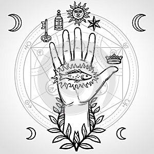 Mystical symbol: human hand, sacred geometry. Alchemical circle of transformations. photo