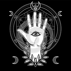 Mystical symbol: the human hand in a wreath has an all-seeing divine eye.