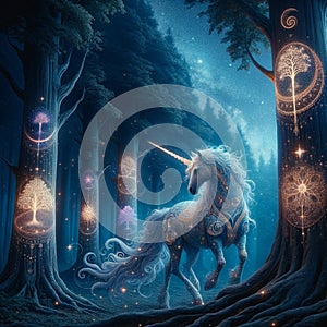 Mystical Symbols: AI Generated Unicorn Amid Glowing Forest Enigma photo