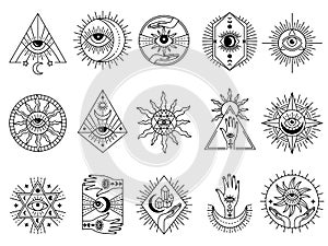 Mystical symbols. Occult emblems meditation magic esoterism and alchemy icons mystery stones tarot cards and moons