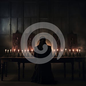 Mystical Séance: Channeling Spirits Amidst Flickering Candlelight in a Darkened Chamber