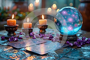 Mystical Tarot Ambiance with Glowing Crystal Sphere. Concept Witchy Photoshoot, Mystical Tarot, Crystal Ball, Enigmatic Setting