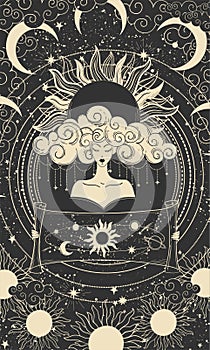 Mystical tarot card with woman, moon and stars on a black background, sacred magical astrology poster. Hand drawn vector
