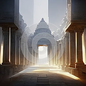 Mystical Temple Doorway in Foggy Morning 3D Illustration AI Generated