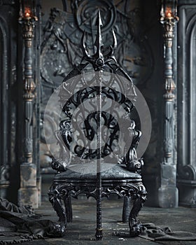 Mystical throne with ceremonial spear in a dark gothic setting