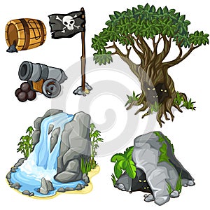 Mystical tree, cave, waterfall and pirate symbols