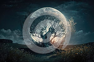 mystical tree in a forest clearing, with the moon shining above