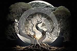 mystical tree, with full moon shining down on it, casting magical light