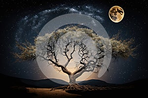 mystical tree, with moon and starry sky visible, against a dark night sky