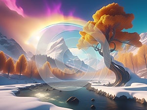 A Mystical Tree on a Snowy Land and a River Flowing from a Mountain