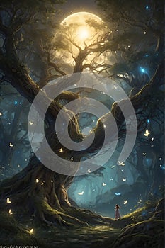 A mystical tree stands in an enchanted forest, with glowing butterflies at night, under a moonlit sky.